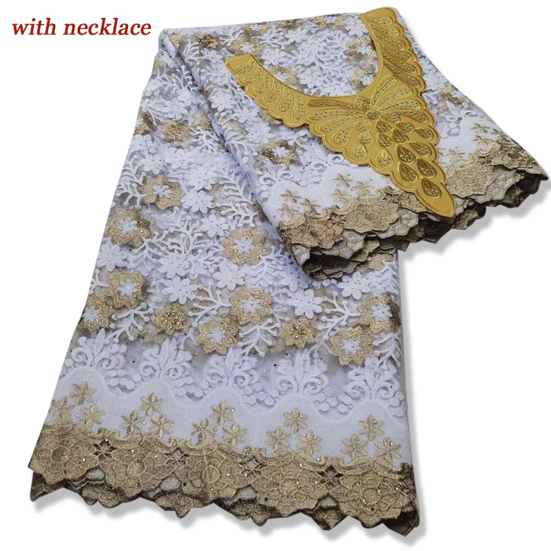 

Новейшая Золотая + белая африканская французская сетчатая кружевная ткань, Тюль с вышивкой, Высококачественная швейцарская вуаль, гипюровы...
