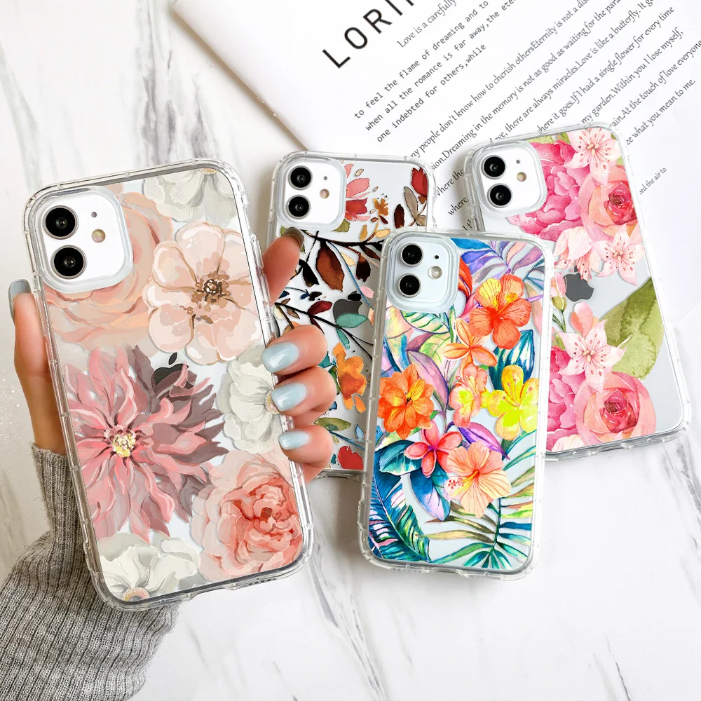 

Clear Funda For Iphone 12 Pro Case For Iphone 11 13 14 Pro Max Coque iphone12 Mini 7 8 Plus XS XR SE 2022 Anti-fall Flower Cover