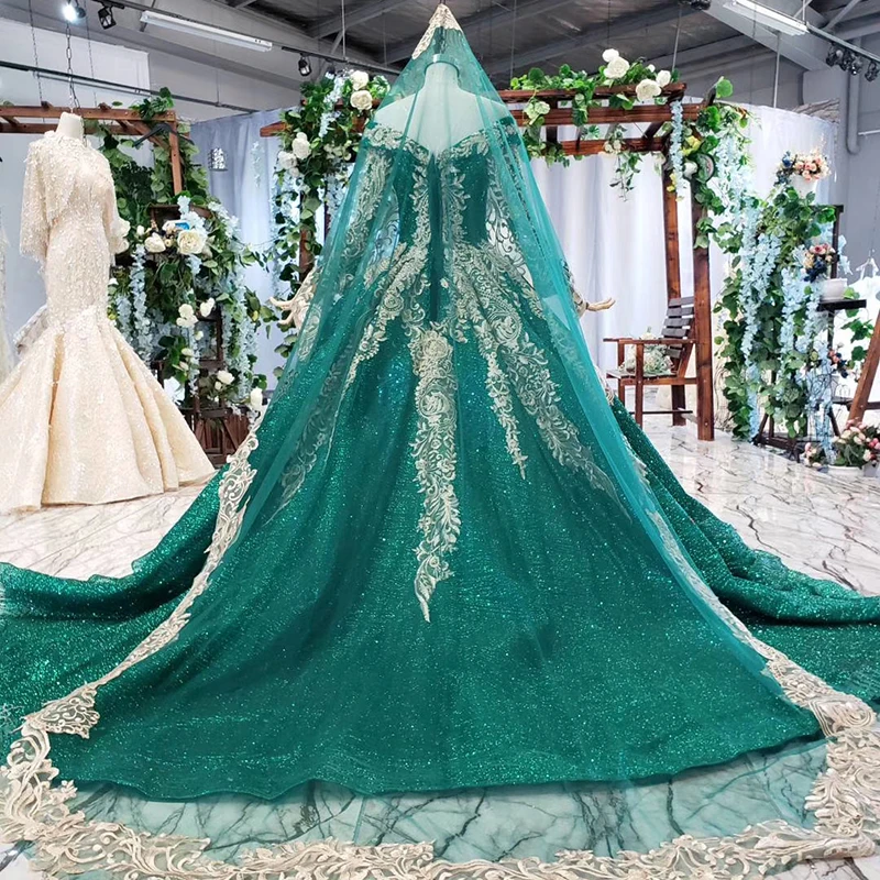 HTL744 evening dress long sleeve v neck floor length ball gown pattern green veil occasion dresses for women robe longue soiree