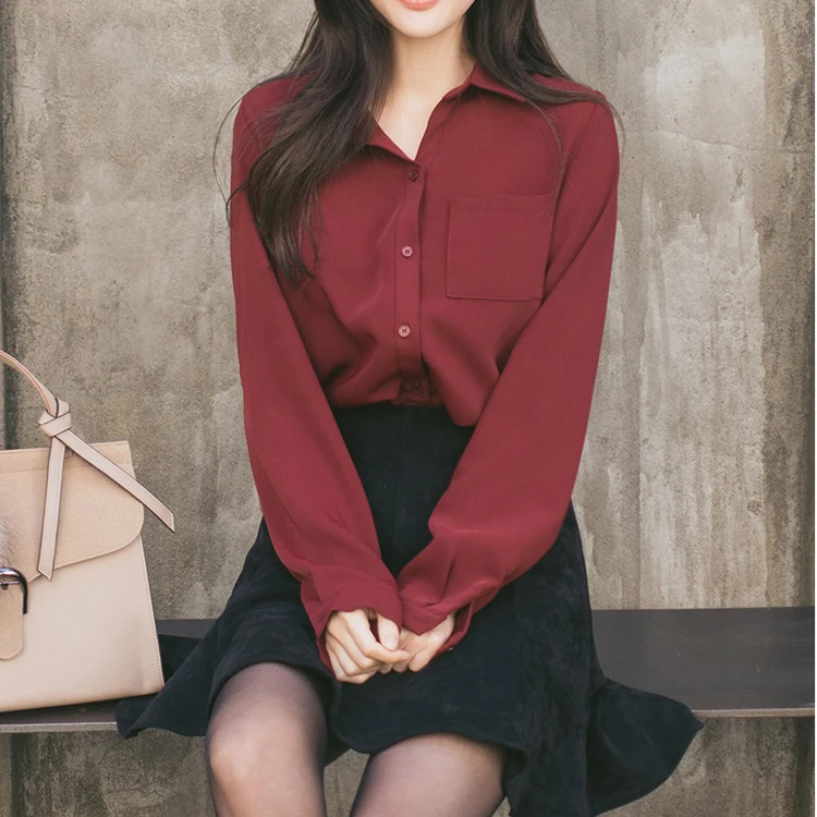 

2019 New Autumn Women Shirts Full Sleeve Loose Slim Chiffon Blouse Shirt White Wine Red Black Light Blue 0203