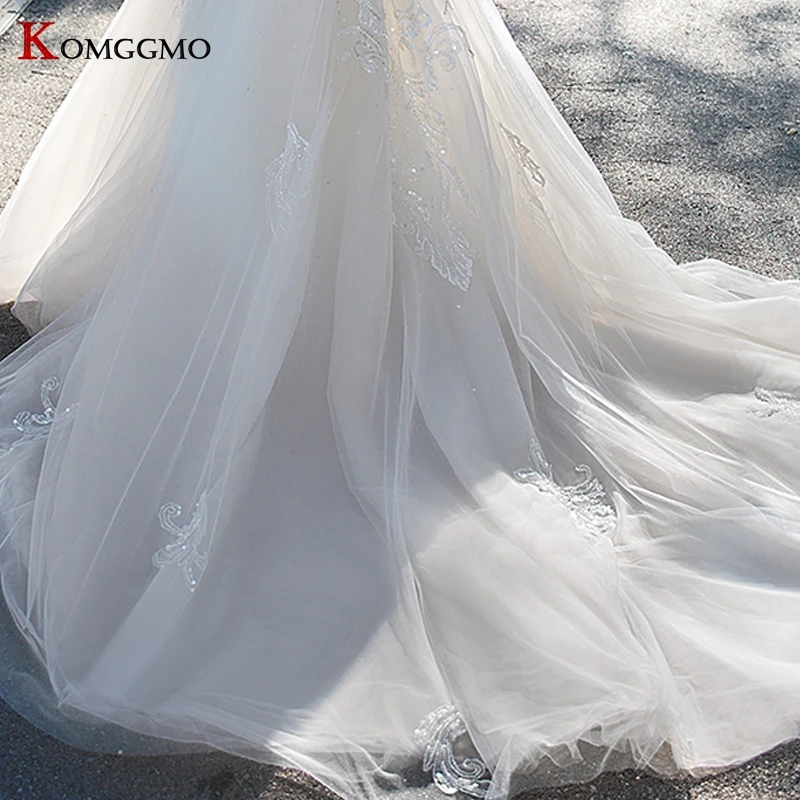 

Cap Sleeve Chapel Train Embroidery Appliques Tulle Wedding Dress for Women 2021 New Arrvial Zipper Back O-Neck Bridal Ball Gown