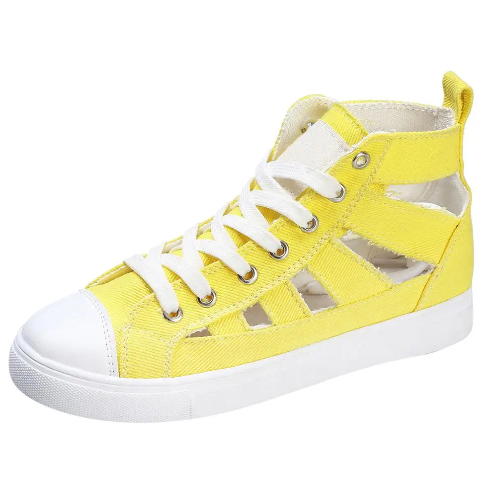 

2021 Summer Womens Lace-up Canvas Shoes High-cut Hollow Sports Comfortable Leisure Sneakers One-pedal Women Vulcanized Shoes