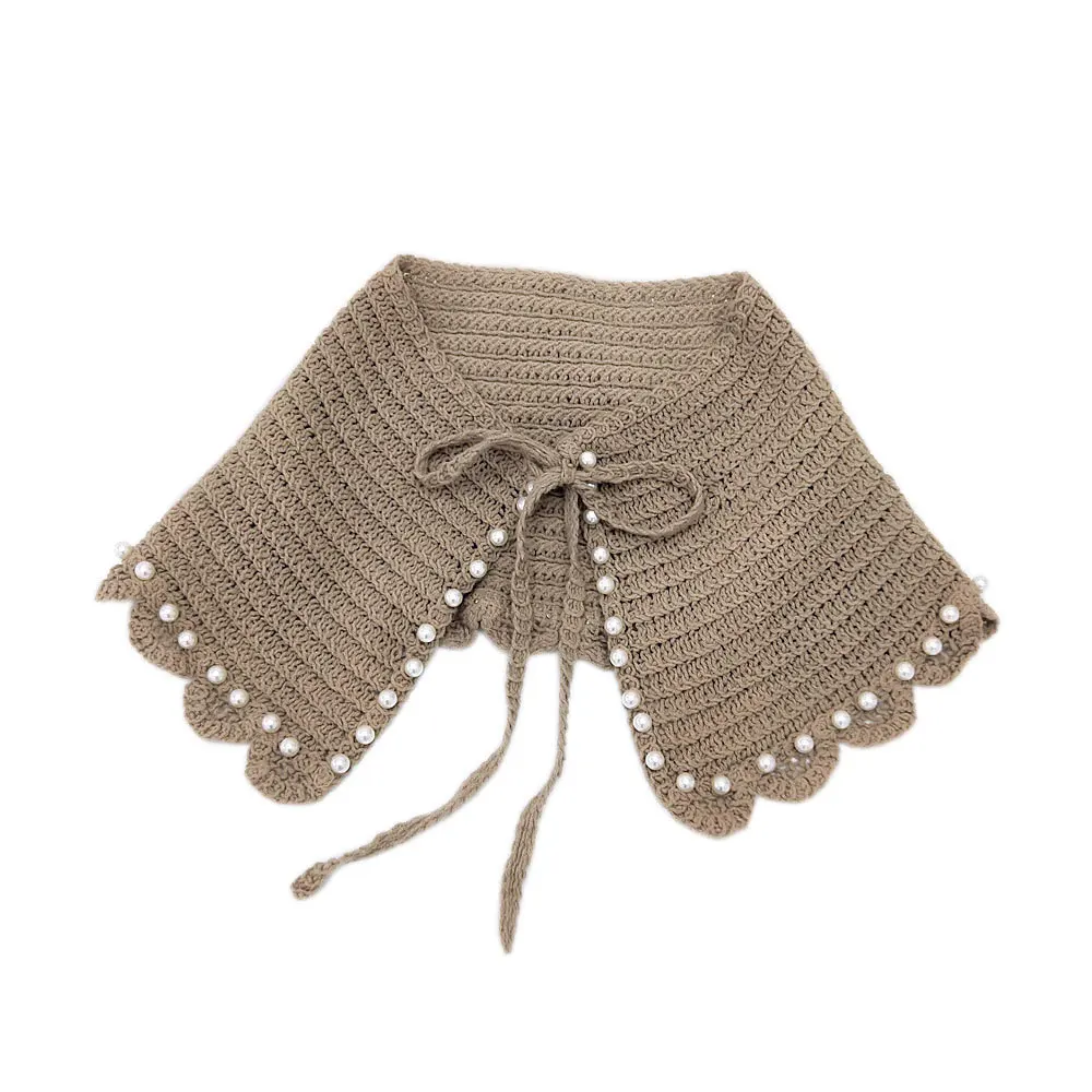 

Fashion Simulated Pearl Knitted Fake Collar Women Female Small Shawl Hollow-out Shoulder Tie False Collar Decoration Solid Color