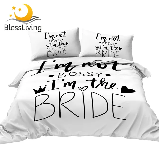 BlessLiving Wedding Bedding Set Bride Duvet Cover Hand Drawn Letter Bed Cover Set Bachelorette Party Quote Bedspreads Dropship 1