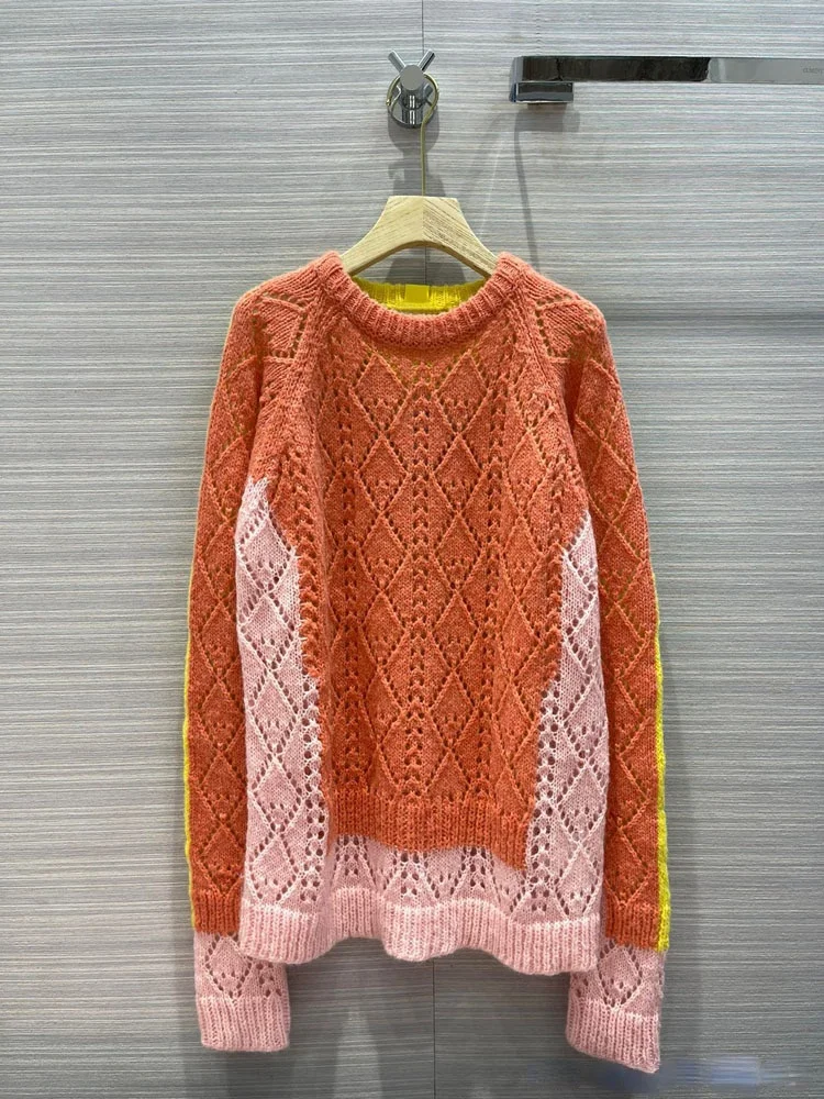 

2021 Autumn Winter Women's Sweater New Sweet Long Sleeve O-neck Fashion Loose Mohair Hollow Out Silm Sweater Pullovers