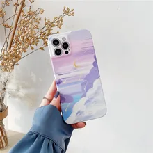Retro Starry sky Crescent Moon meteor oil painting Phone Case For iPhone 11 12 Pro Max Xr Xs Max 7 8 Plus 7Plus case Cute Cover