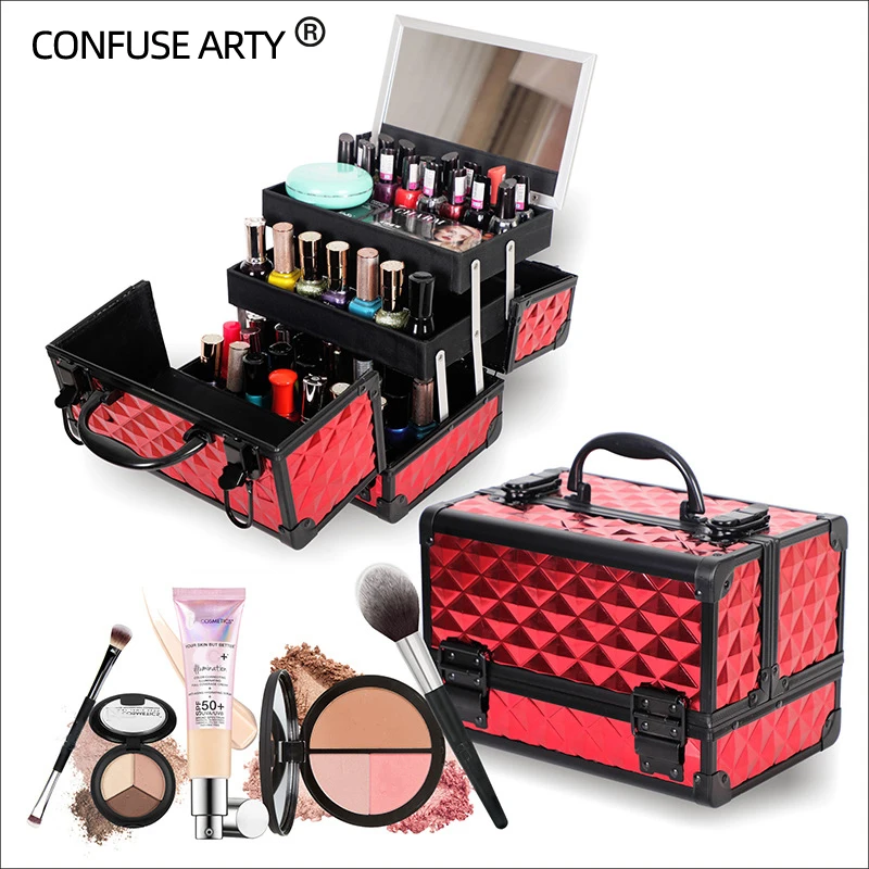 2021 tattoo bag make up case Professional cosmetic case hand-held mirror  two-layer aluminum suitcase insert storage nail box