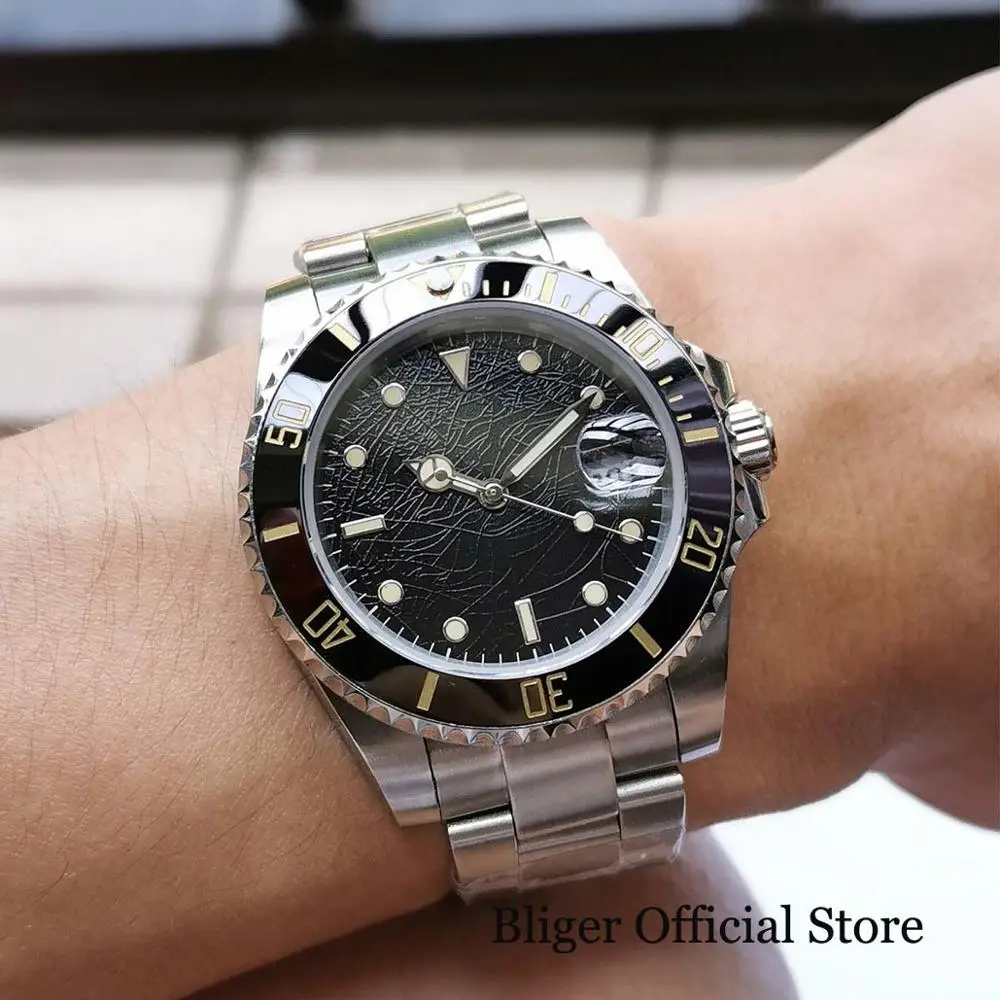 BLIGER 40mm Black Dial Ceramic Bezel Sapphire Glass Sterile Watch Metal Strap MIYOTA 8215 Movement Oyster Band