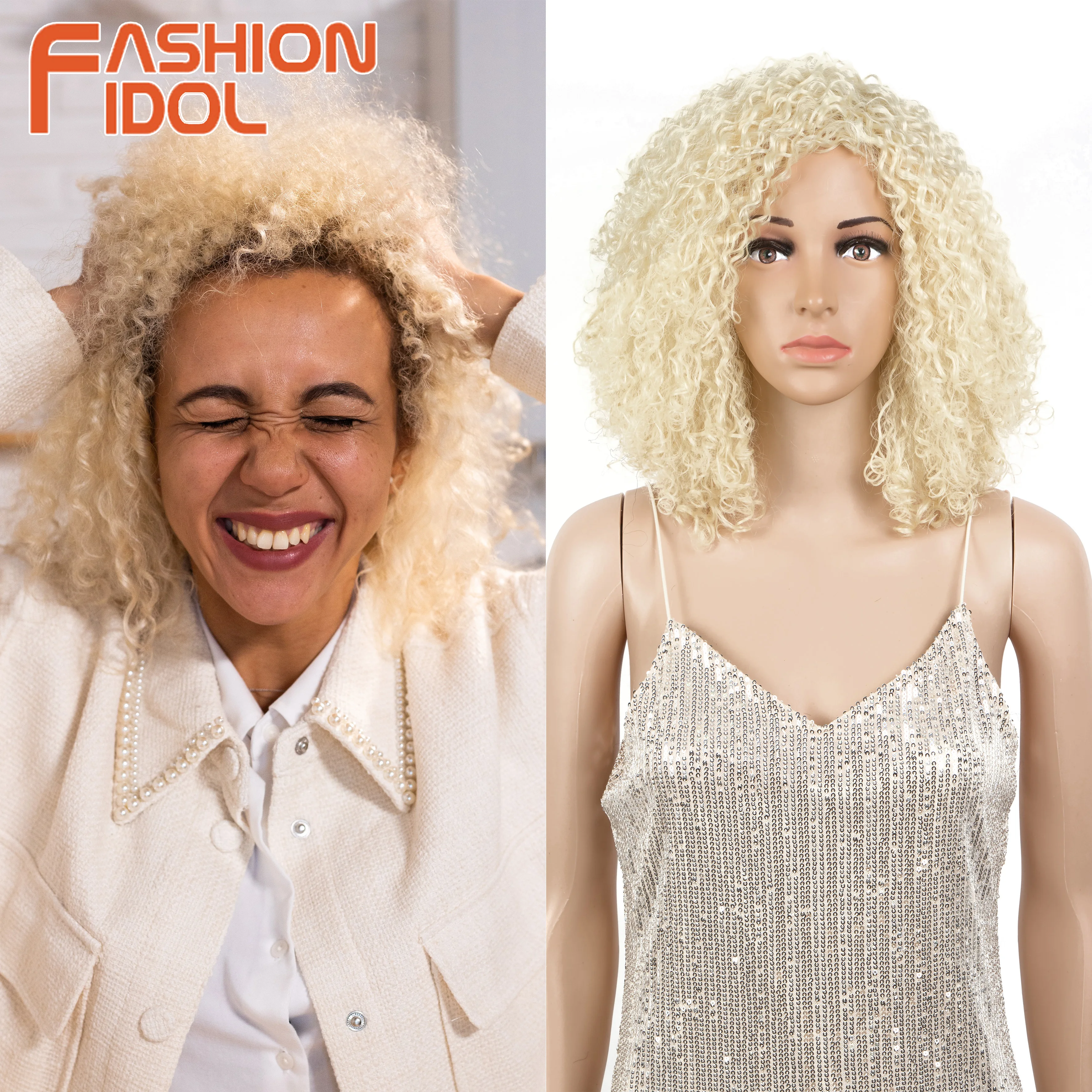 

Blonde Afro Kinky Curly Wigs Cosplay Side Part Short African Style Hair 14 Inches Wig Synthetic 613 Wigs For Women FASHION IDOL