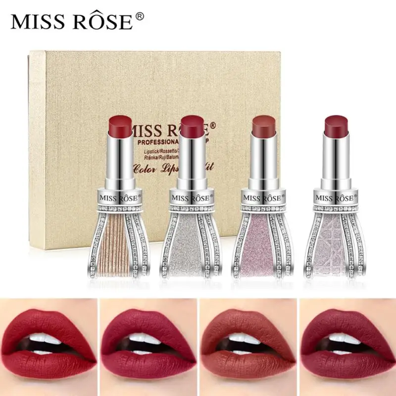 

MISS ROSE 4 шт./компл. матовая бархатная помада с бантом и стразами водостойкая элегантная