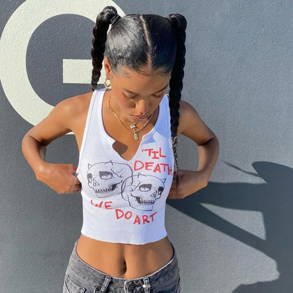 

Майка женская трикотажная с V-образным вырезом, модный топ с принтом без рукавов, уличная одежда, повседневный укороченный топ для девушек, н...