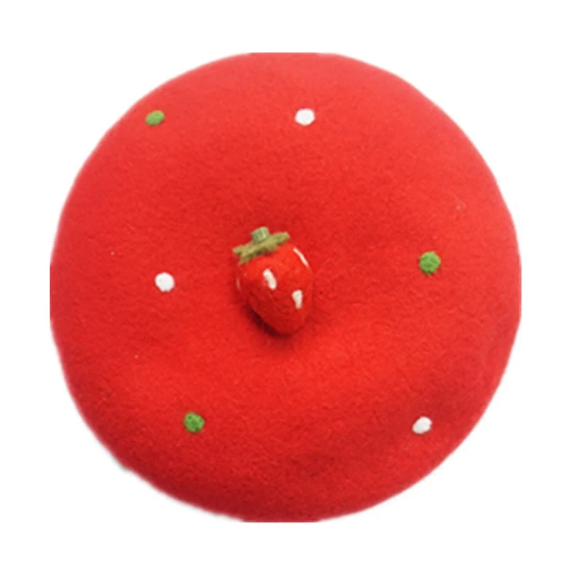 

Red Strawberry Beret Vintage Artist Painter Hat Cute Beanies Women Wool Cap Warming Gift Fashion High Quality Wholesale