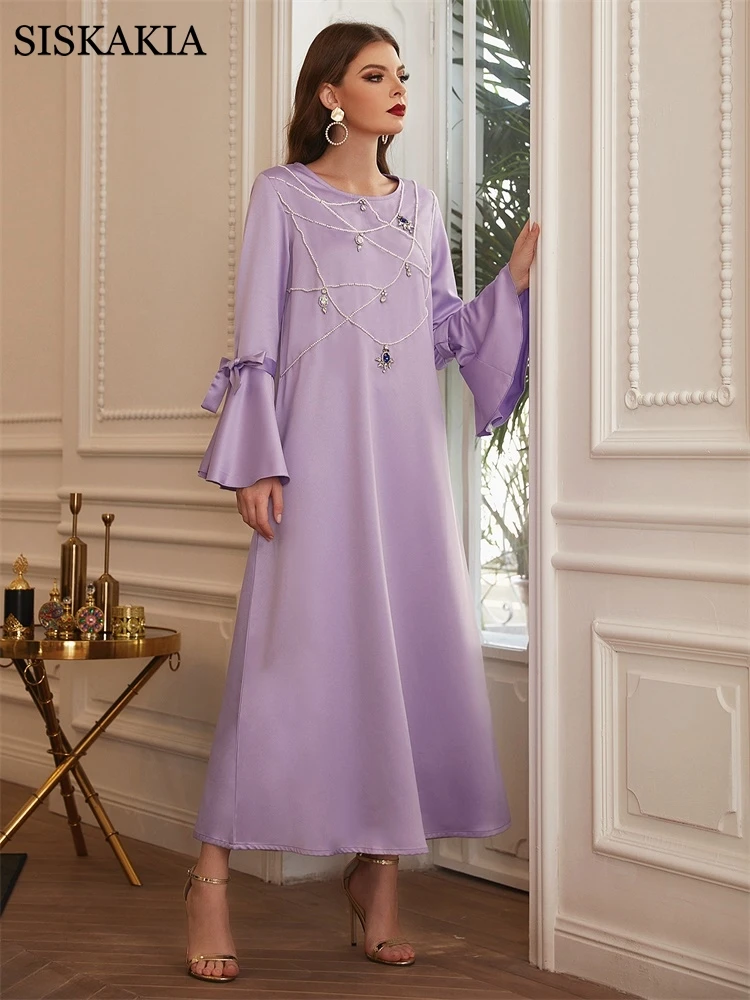 

Modest Ethnic Maxi Dress for Women Pearl Necklace Diamond Abaya Moroccan Kaftan Dubai Arabic Qtar Turkey Muslim Clothes 2020 New