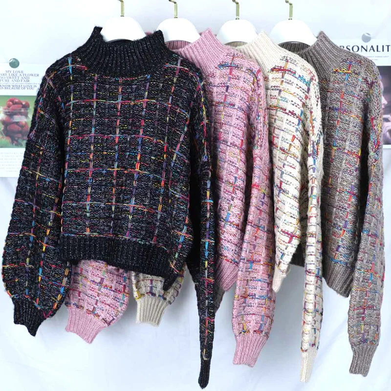 

2021 Autumn Winter New Plaid Sweater Women Korean Lazy Wind Short Loose Casual Checkered Sweater Lantern Sleeve Pullovers Girls