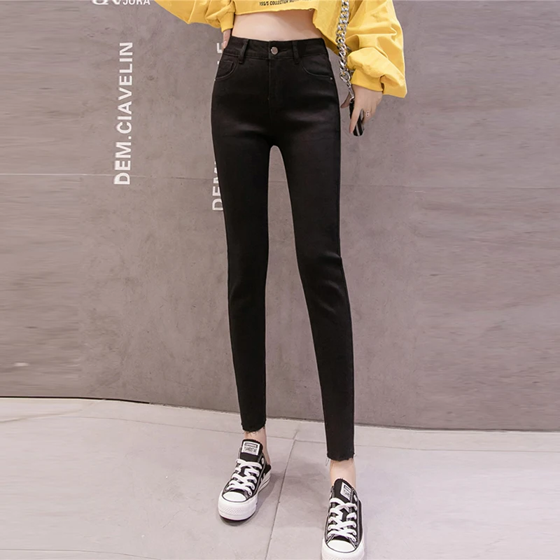 

Plus Size Skinny Stretch Jeans Women Korean Fashion Denim Ankle-Length Pants Basic Solid High Waist Slim Pencil Pants Female