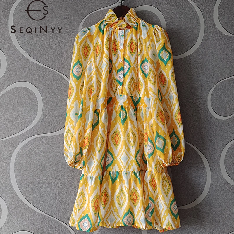 

SEQINYY Casual Mini Dress Summer Spring New Fashion Design Women Runway High Street Bohemian Flowers Print Loose Ruffles