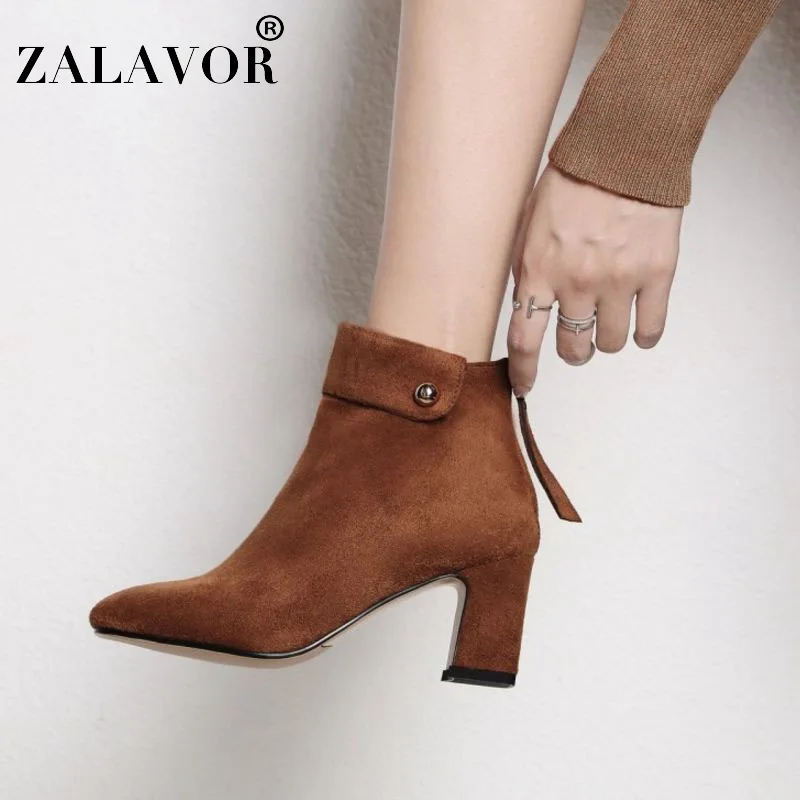 Женские офисные ботильоны ZALAVOR теплые блестящие полусапожки на высоком каблуке с