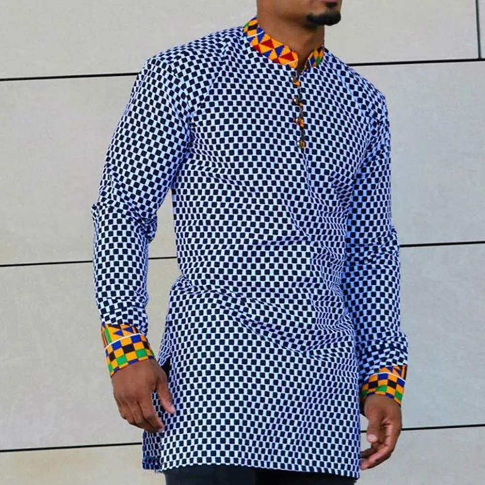 

African clothing style plaid printing color matching fashion casual long-sleeved lapel men's long shirt