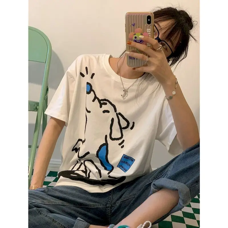 

Футболка женская оверсайз, Милая Белая Базовая рубашка из чистого хлопка с круглым вырезом в стиле преппи для студентов, в стиле кэжуал