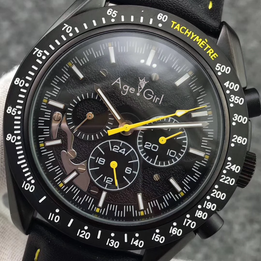 

Classic New Men Automatic Mechanical Watches Speed Full Black Leather Canvas Luminous Red Blue Yellow Moon Watch Glass Back