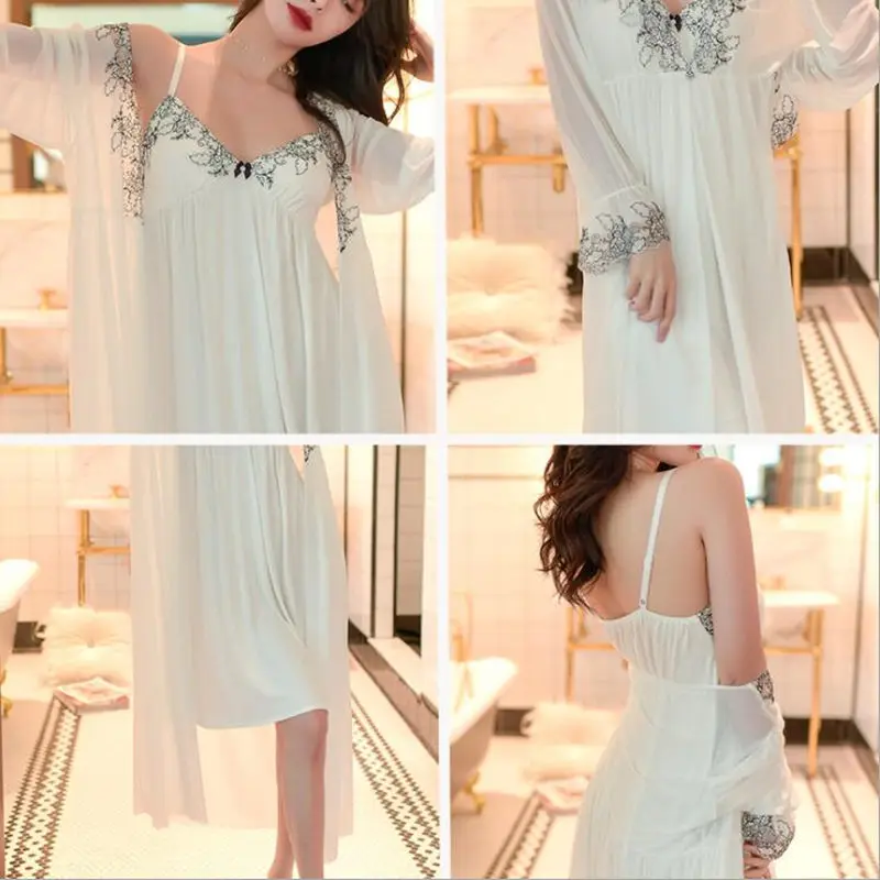 

Women Embroidery Sexy Spaghetti Strap Sleepdress Spring Full Sleeves Two-Pieces Elegant Gauze Night Robe Girls Vintage Nightgown