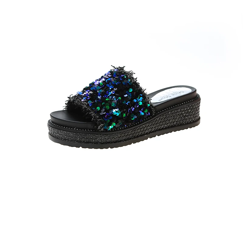 

House Slippers Platform Shoes Slipers Women Heeled Mules Luxury Slides 2021 Summer Soft High Flat Designer Bonded Leather Fashio