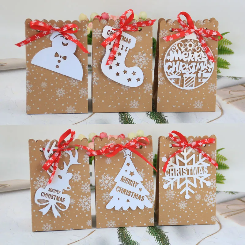 

12pcs Kraft Paper Candy Dragee Box Christmas Gift Box Packaging Craft Bakery Cookies Bonbonniere Wrapping Bags New Year 2022