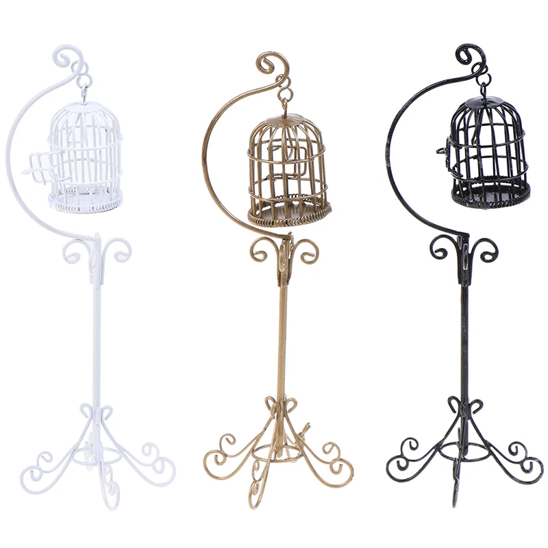 

1PCS 1:12 Mini Dollhouse Metal Bird Cage Model With Holder Alloy Miniature Decorations Modern Home Room Crafts