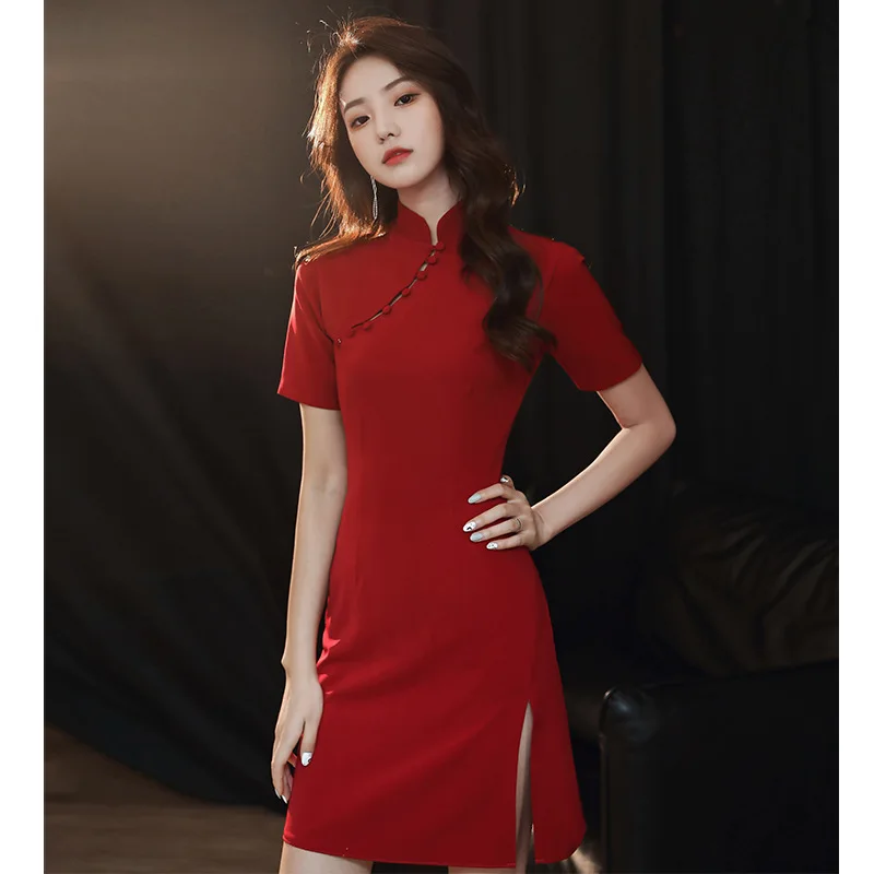 

Vintage Burgundy Bride Chinese Style Lady Cheongsam Short Slim Tight Sexy Evening Party Gown Toast Clothing