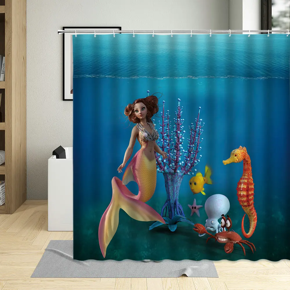 

Beautiful Sexy Mermaid Girls Shower Curtain Ocean Scenery For Art Decor Polyester Fabric Bathroom Bathtub Curtains With Hooks