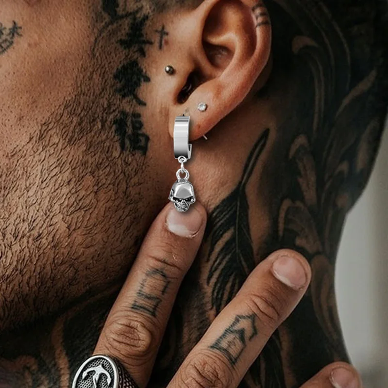 

Silver Color Skull Hoop Earring For Men Stainless Steel Punk Attitude Dangling Skull Charm Hoops Earrings