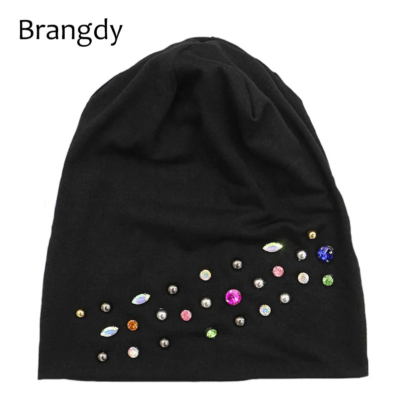 Новинка 2019 Осень зима женские хлопковые тонкие громоздкие шапки Skullies стразы