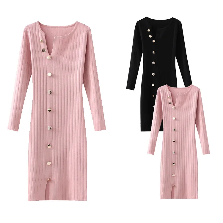 

Za 2021 women V-neck single-breasted decorative knitted dress early autumn women's slim bag hip skirt