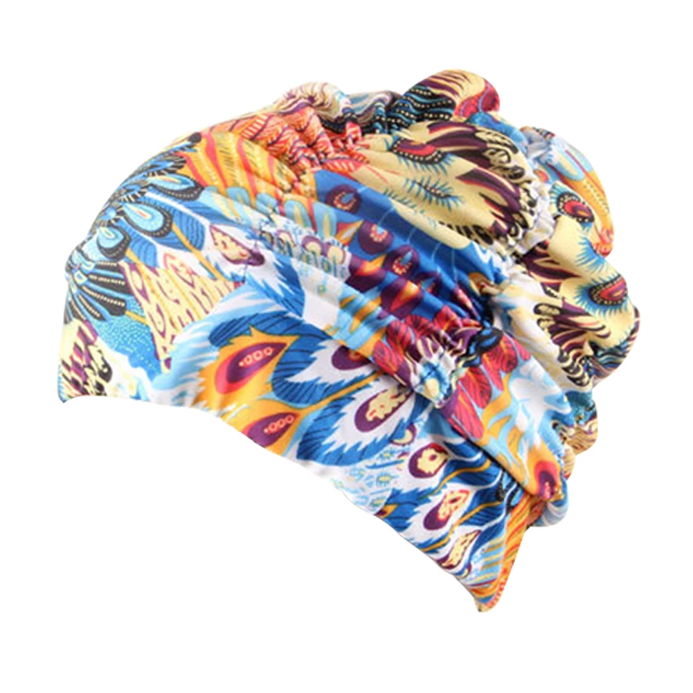

Women Long Hair Flower Printed Pool Hat Elastic Bathing Adult Pleated Beach Fashion Stretch Swimming Cap Nylon
