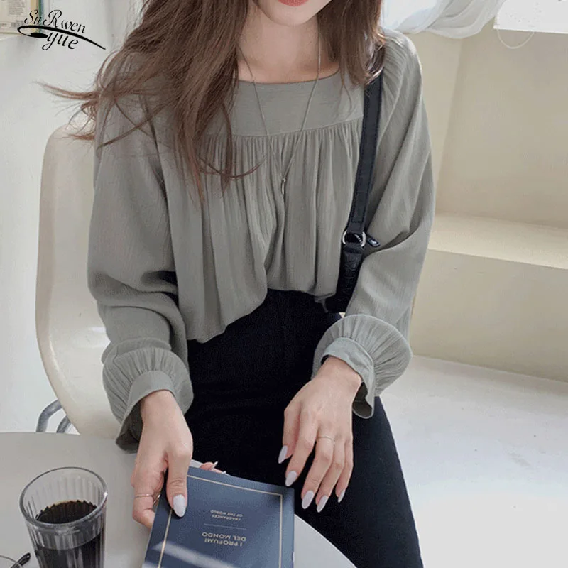 

Осенняя женская рубашка с квадратным воротником, одежда, шифоновая рубашка, Женский Топ, новая свободная рубашка с длинным рукавом, бежевая ...