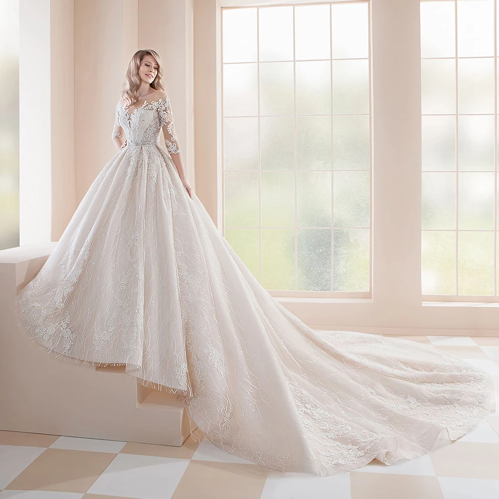 Свадебные платья принцессы Vestidos De Casamento Кружевные с рукавами три четверти и