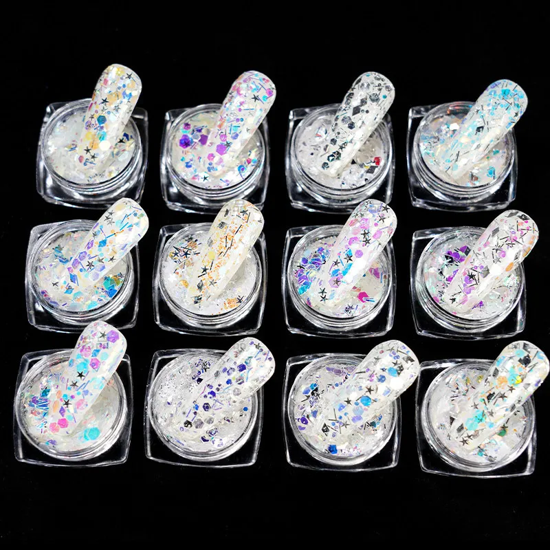 

12Jars/12 Colors chunky mix Nail glitter-Opal Mix Nail Art Glitter//Bulk Glitter Nail Art White/Blue Multi-color Chunky Mix
