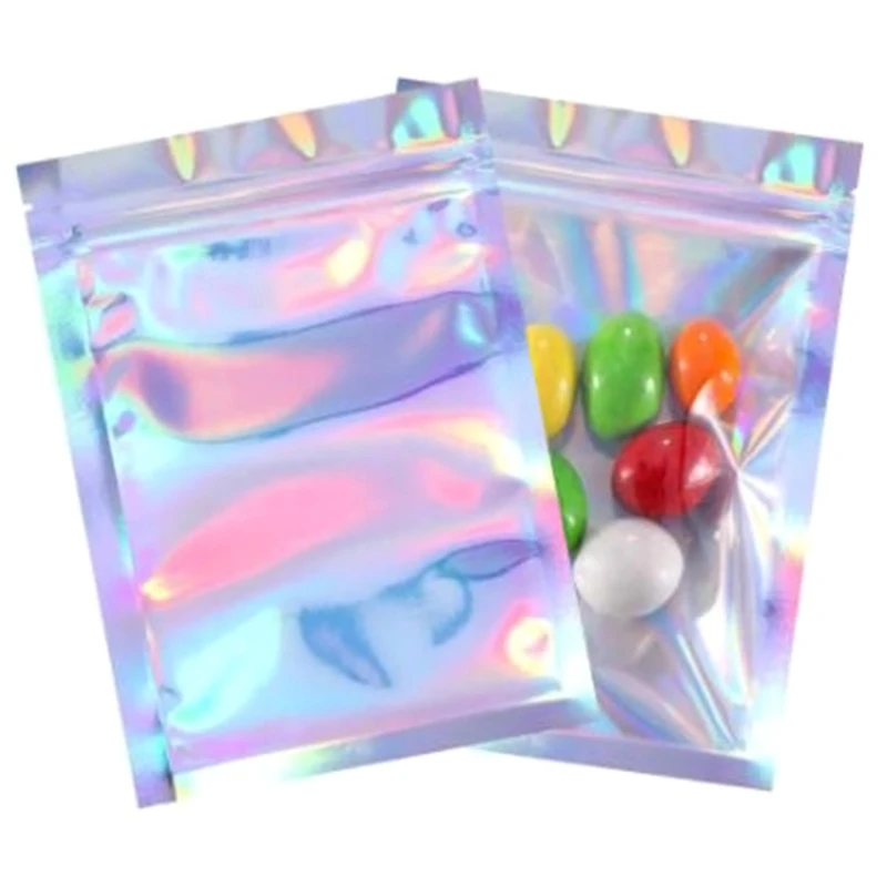 

100pcs Translucent Zip Lock Cosmetics Bags Holographic Storage Bag Xmas Candy Cookies Chocolate Nuts Snack Gift Packaging