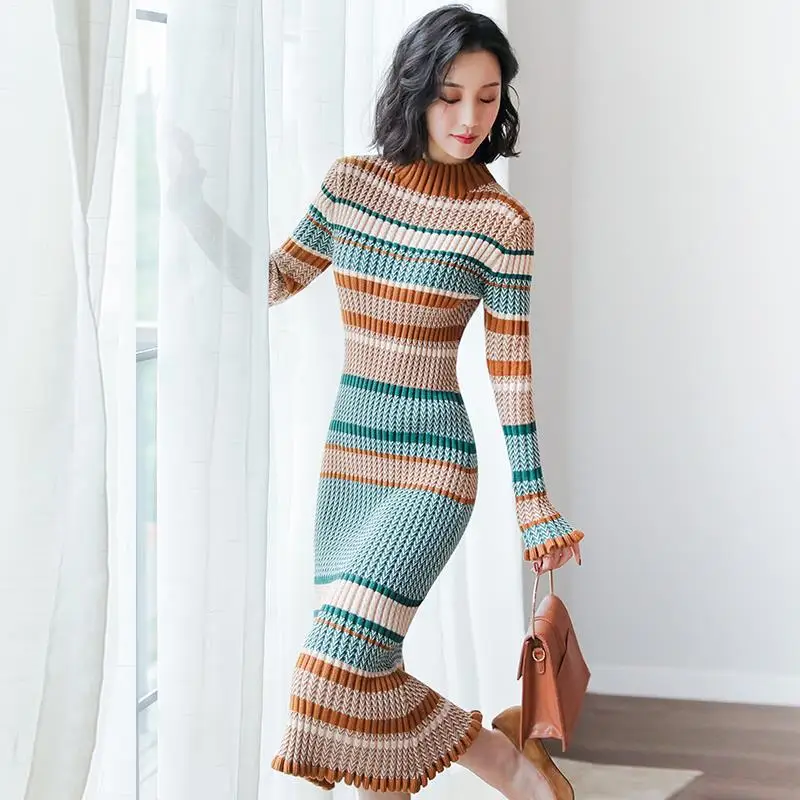 

New Casual Knitting Dress Women autumn long-sleeved Pullovers Striped Vintage Wrap Dress 2020