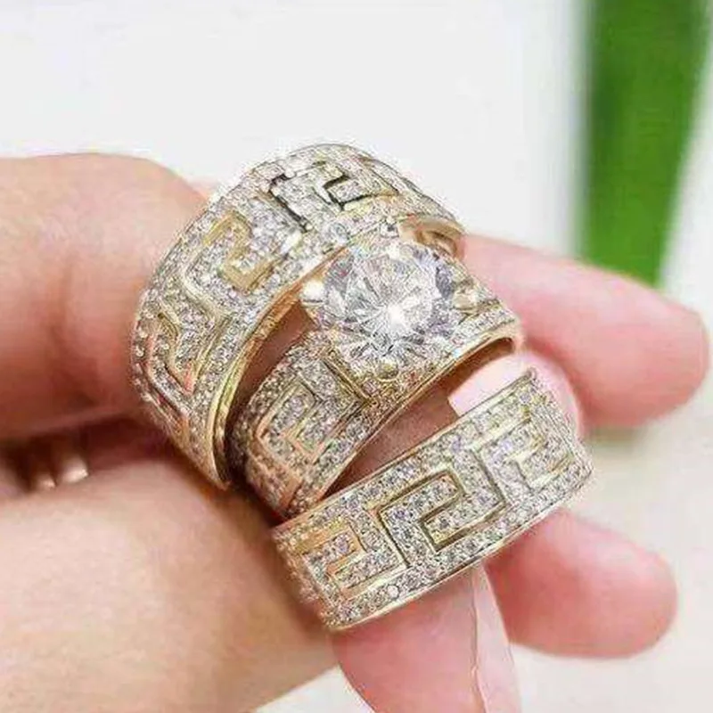 Золотистое толстое кольцо 3 шт. с закрепкой микро Кристалл полное покрытие для