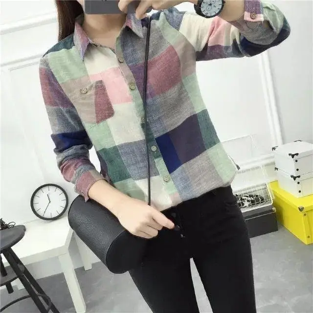 Блузка женская в клетку рубашка свободного покроя с длинным рукавом весна-осень |