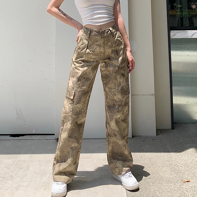 

2021 Summer Camouflage Womens Straight Pants High Waist Casual Loose Cargo Pants Streetwear Trousers Female Fashion Outfits