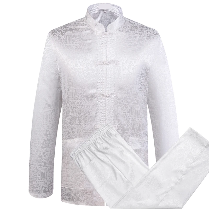 Gray Chinese Dragon Men's Tang Suit Sets Long Sleeve Shirt Long Pants Dragon Kung Fu Suit High Quality Silk Wu Shu Tai Chi Sets
