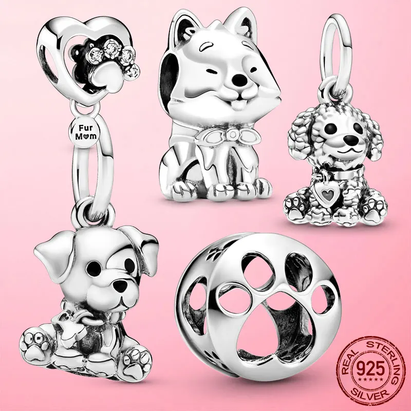 

925 Sterling Silver Poodle Puppy Dog Pet Dangle Charm Beads fit Original pan Charm Bracelet Necklace Jewelry