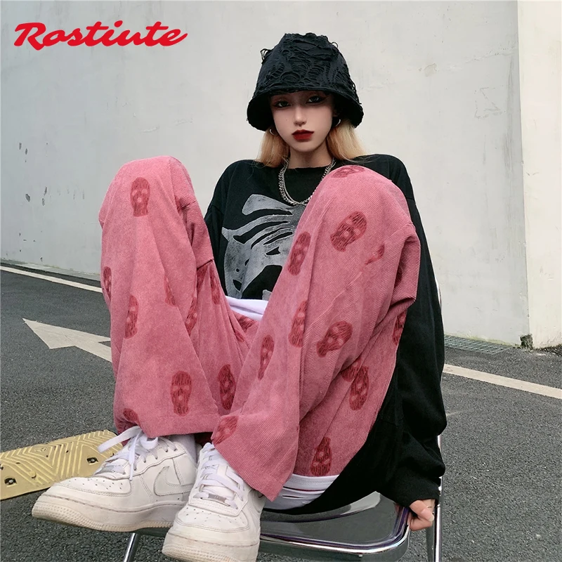 

Rostiute Harajuku ретро стиль женские свободные прямые брюки с высокой талией скелетоны зимние модные спортивные брюки