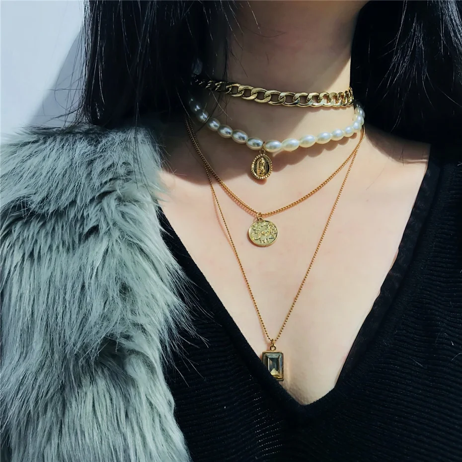 Ingemark Virgin Mary Pendant Choker Necklace Sweet White Pearls Crystal Square Golden Thick Chain Long Necklace Women Jewelry