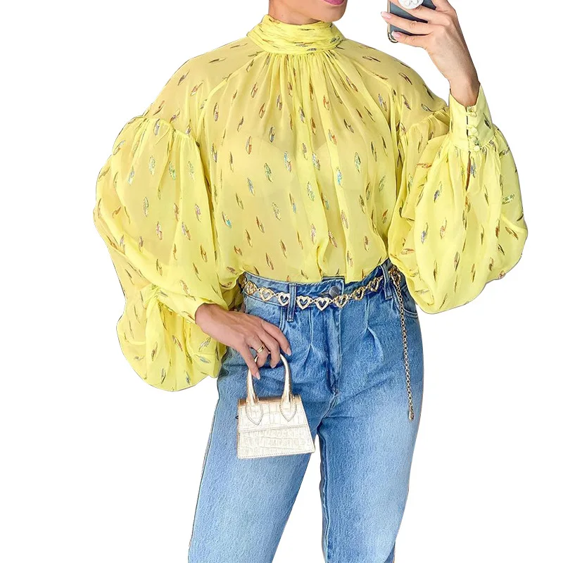 

Z-ZOUX Women Blouse Printed Chiffon Blouse Fashion Women Shirts Stand Collar Puff Sleeve Ladies Tops Temperament Vintage Blouse
