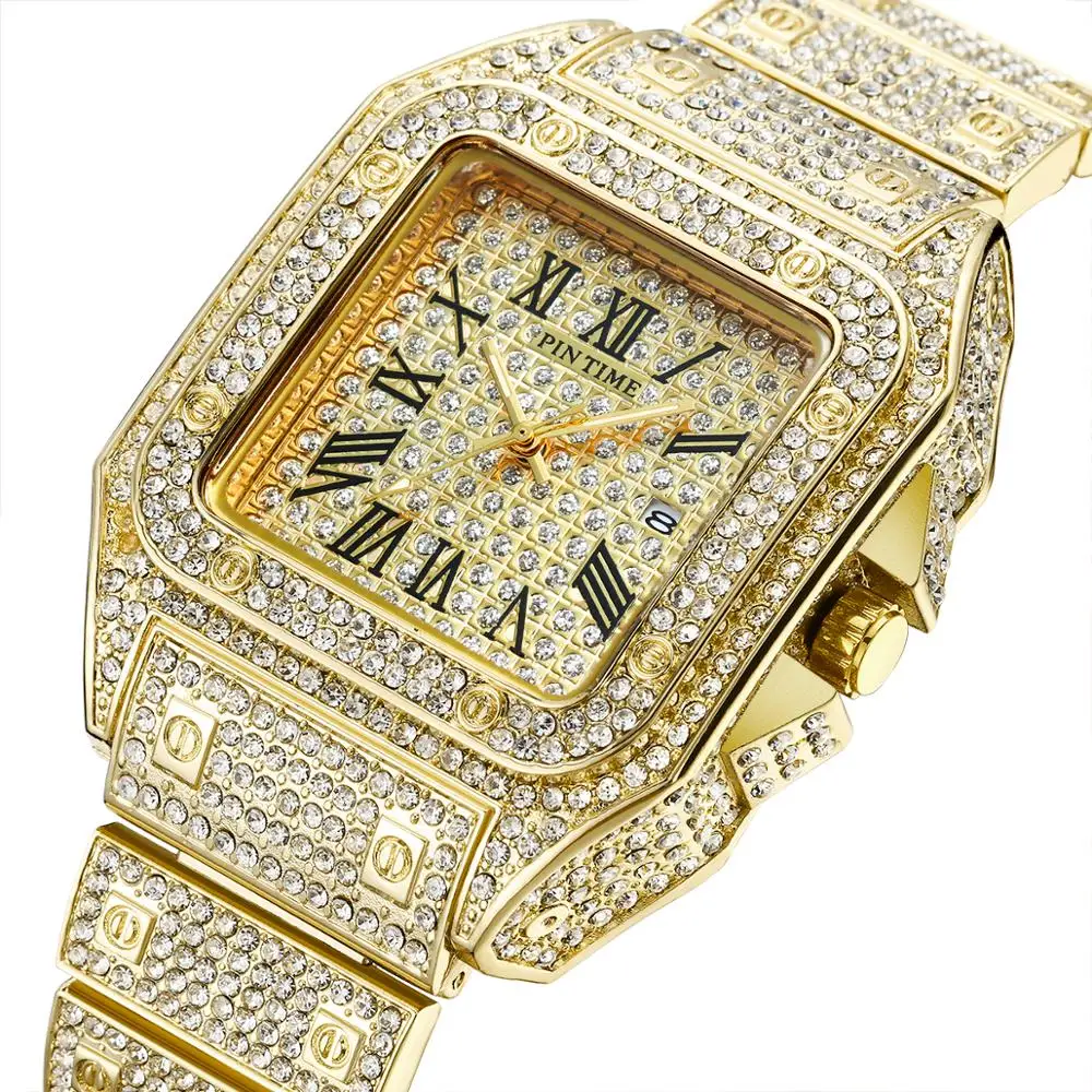 Хип-хоп Iced Out мужские часы с квадратным бриллиантом кварцевые роскошные мужские s наручные часы золотые римские часы с календарем стальные часы Relogio Masculino