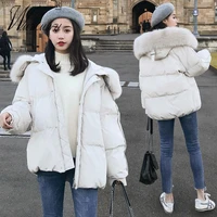 white faux fur collar parkas women korean sweet hooded short quilted jacket 2022 winter padded coat windproof warm outwear