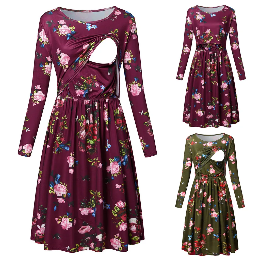 

JAYCOSIN Dress Women Casual Pregnant Floral Print Nusring Maternity Dress For Pregnant Long Sleeve Casual O-neck Dress Pregnant